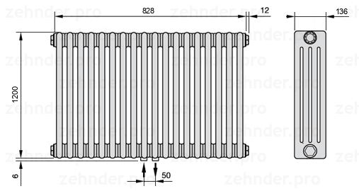 Схема (чертеж) Радиатор Zehnder Charleston 4120/18 №3470 Белый глянцевый RAL 9016